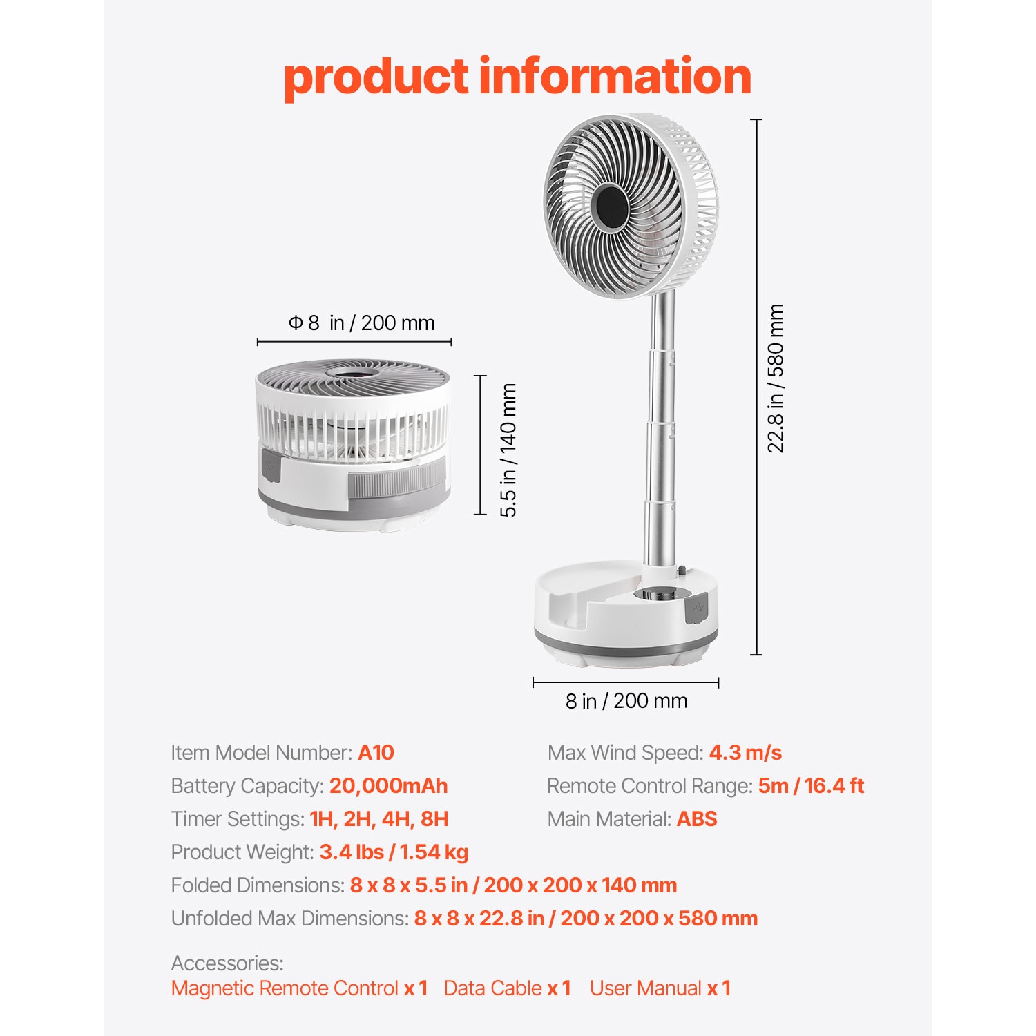 8 Inch Foldable Rechargeable Oscillating Fan 3 In 1 Remote 8 Speeds_voghion.com